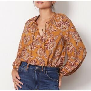 Evereve Britta Border Blouse Womens Medium Marigold Floral Boho Peasant Top